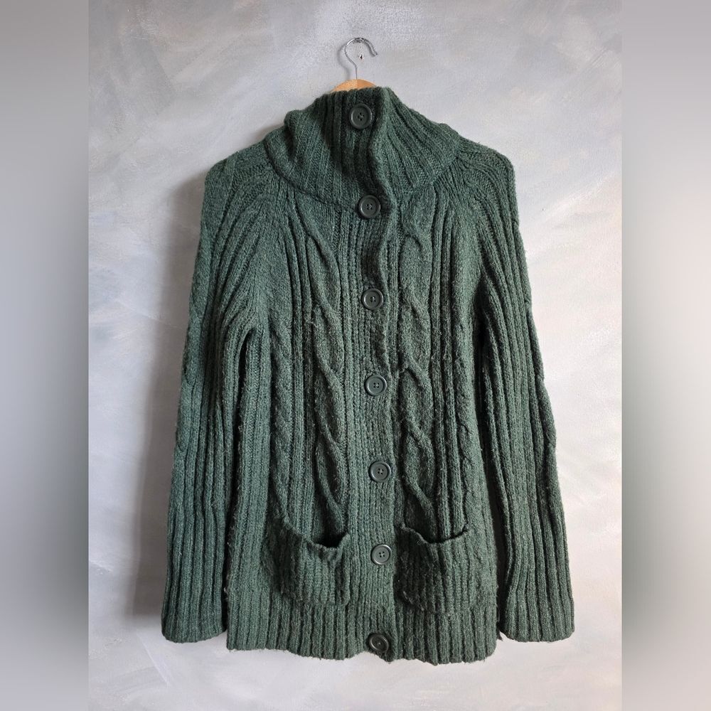 Vtg Mossimo Green Chunky Cable Knit Big Button Cardigan Fishermann Wool Blend XL